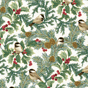 Benartex Fabric - A Winter's Day - Winter Chickadees White
