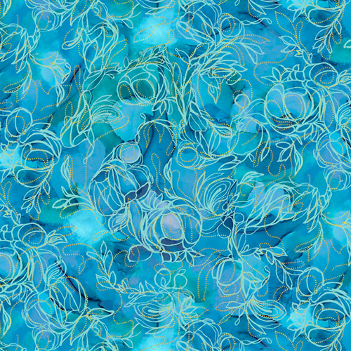 P & B Textiles - Painted Sea Flowing Linework Turquoise Fabric