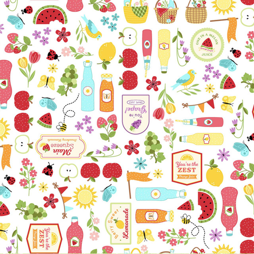 Maywood Studio Fabric-Kimberbell-Sippin on Sunshine-Focal Print White (PRE-ORDER)