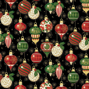 Riley Blake-Poinsettias at Christmas Ornaments Black Foil (PRE-ORDER)